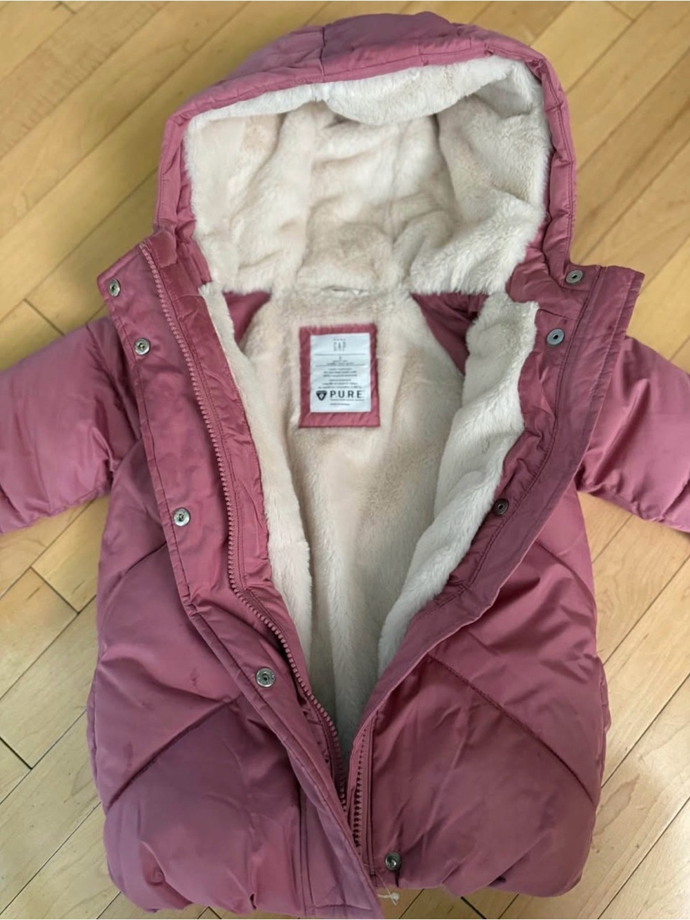GAP Dusty Rose Hooded Puffer Coat with Cream Faux-Fur Lining